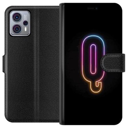 Kompatibelt Lommeboketui til Motorola Motorola Moto G23 Minimalistisk neonbokstav Q i skinnende farger mot mørk bakgrunn