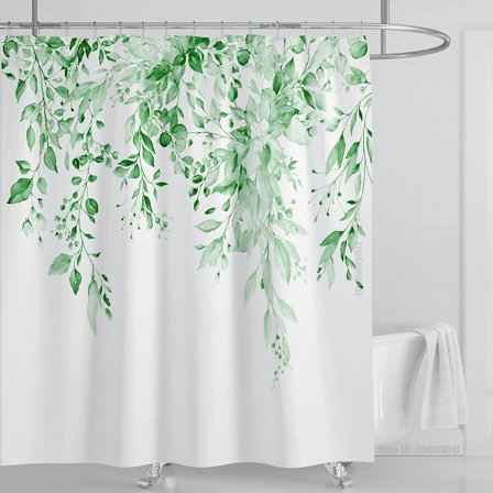 Smaragdgrön Eukalyptus Duschdraperi Tyg, Sammanlänkande Växtblad med Blommigt Duschdraperi Set med Krokar, B180xH220cm