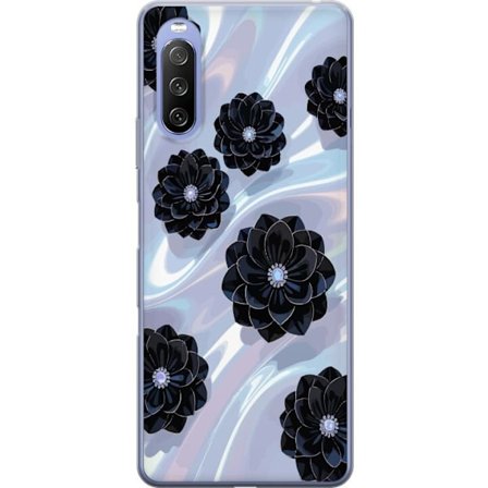 Yhteensopiva Puhelinkuori Sony Sony Xperia 10 III mustat kukat hohtavalla taustalla tyylikäs ylellinen kukkakuvio