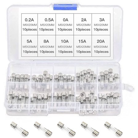 100 st fina smältsäkringar av glasrör 0,2a-20a Amp sorterat kit med förvaringslåda 5 x 20mm sortimentlåda