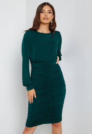 John Zack Long Sleeve Rouched Midi Dress Forest Green Klær