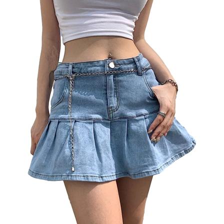 Dam Casual Slim A-Line Plisserad volang Kort Mini Denim