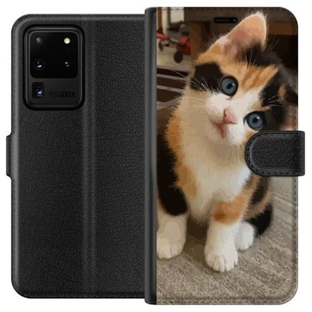 Kompatibelt Lommeboketui til Samsung Galaxy S20 Ultra Söt kattunge med blå ögon och trefärgad päls sittande inomhus charmigt motiv med gulligt uttryck