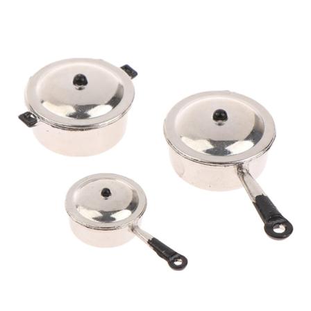 3 stk i 1 sett 1:12 dukkehus Miniatyr langhåndtaksgryte og melk Silver