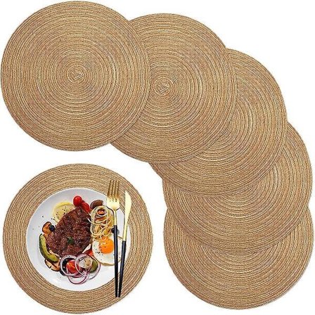 Plassmatter, runde PP flettede plassmatter, sett med 6 vaskbare varmebestandige
