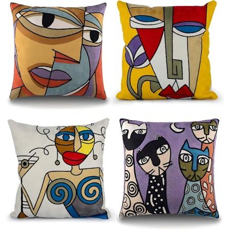Set med 4 Picasso putetrekk 45x45cm brodert bomullslin
