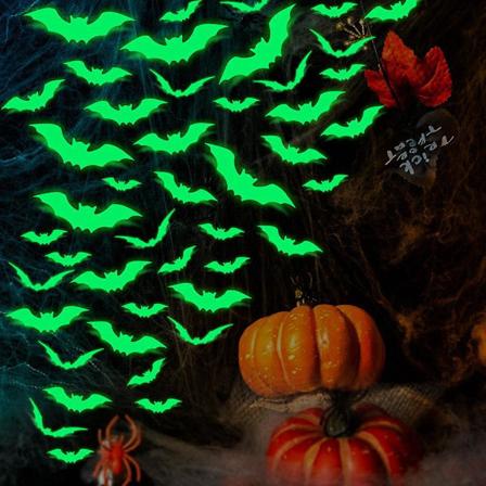 Halloween Luminous Dekaler - 2 Set med 32 Stycken, Glöder i Mörkret, Fönsterdekorationer, Bat Väggdekaler, Månen Kikar