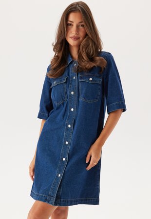 ONLY - Onlbelle S/S BUTTON DRESS DNM - Dark Blue Denim - Kläder - - Bubbleroom