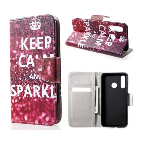 Huawei P30 Lite kuvioitu nahkainen flip suojakotelo - Keep Calm ja Sparkle Multicolor