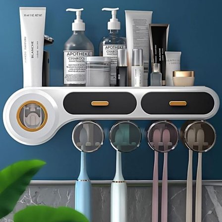 Vægmonteret tandbørsteholder med to automatiske tandpastadoseringsapparater, 8 tandbørstepladser og 4 magnetiske kopper.