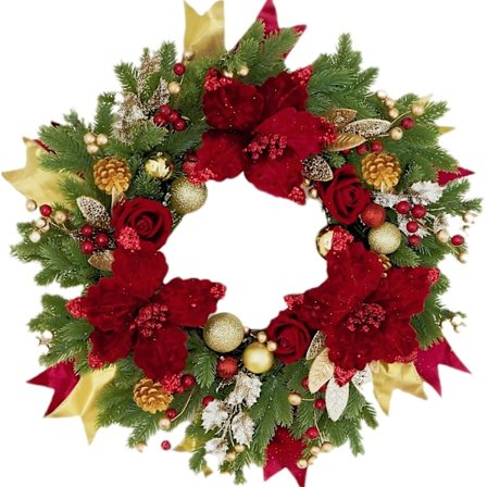 Julekrans til inngangsdør, 38 cm opplyst LED julekrans, røde og gull dekorasjoner med lys, ferdigpyntet ornament utendørs vegg hjem dekor