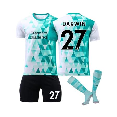 (2022-2023 Liverpool Training Vit Grön tröja Darwin No.27 Fotbollströja 3-delade kit för barn Vuxna S(165-170CM)