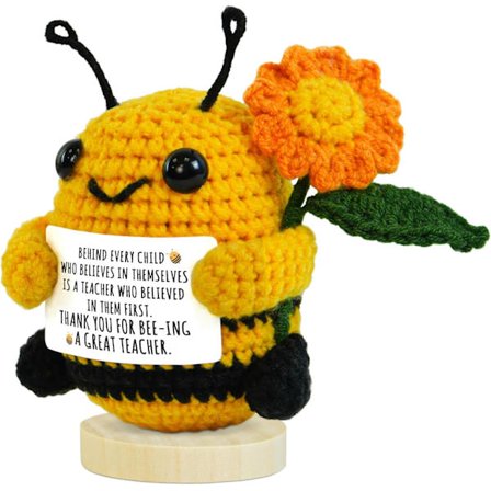 Lärarpresenter, handgjord virkad bi med meddelandekort och ställ – Miniinspirerande present till lärardagen och examen – Tack
