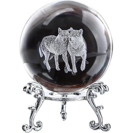 60mm 3D Laser Graveret Ulv Krystalkugle med Stand - Glas Kugle Papirvægt Gave til Mænd Kvinder Ulveelskere