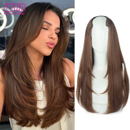 Syntetiska långa raka hårförlängningar 22 tum Clip In Hair Extension U Shape Hårstycken Hårklämmor Hår Brun Svart