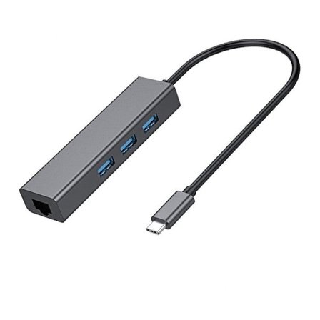 NÖRDIC USB C–Ethernet 100 Mbps verkkosovitin, jossa 3x USB 3.1 -keskitin, 17 cm, alumiinia, Space Grey