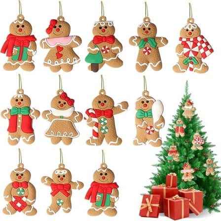 12 stk. Juletrær Hengende Ornamenter, Pepperkakemann Form Anheng for Festdekorasjon, Håndverkstilbehør (11 Mønsterstiler)