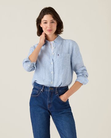 Lexington Klassisk hørskjorte, blå/hvidstribet