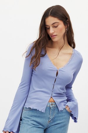 NA-KD - Topp med ribber og blondedetaljer - Langermede T-skjorter - Blå - XS