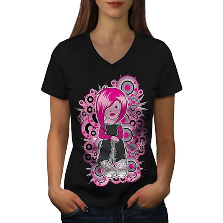 Söt Emo Girl Cool Musik Dam T-shirt med svart v-ringad hals