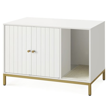 Kattlåda med klösmatta, höga ben, katthus, vitt och guld