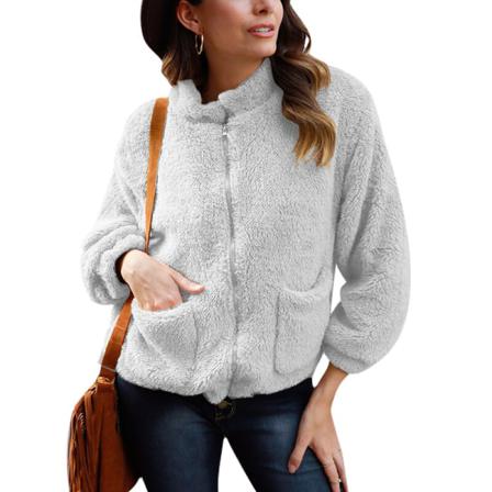 Kvinnor Zip Up Med Fickor Ytterkläder Stativ Krage Fleece Fuzzy Coat