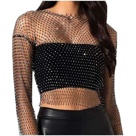 Dame Mesh Kropskæder Rhinestone Langærmet Krystal Gennemsigtig Cover Up Crop Tops Fiskenet Bikini