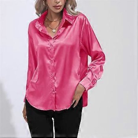 Vår Høst Sateng Bluse Imitert Silke Langermet Skjorte for Dame Plus Size Løse Topper (S rose)