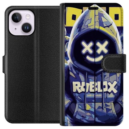 Kompatibelt Lommeboketui til Apple Apple iPhone 15 Plus Blågul Roblox hettegenserfigur med minimalistisk neonstil og masket ansikt, moderne spillillu