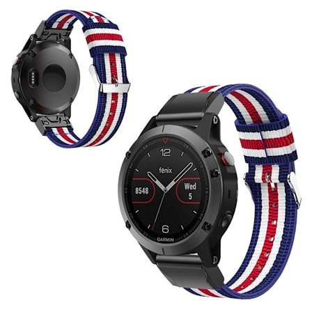 Garmin Fenix 5 urrem i nylon - Blå / Hvid / Rød / Hvid / Blå