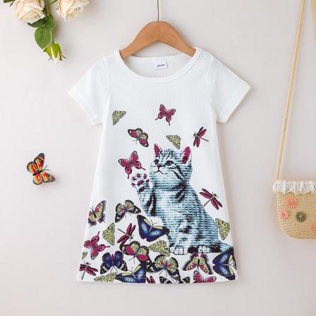 Flickor Mode Butterfly Cat Printed T-shirt Dress