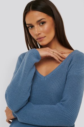 NA-KD Deep Front V-neck Knitted Sweater - Pulls fins - Bleu - XX-Small