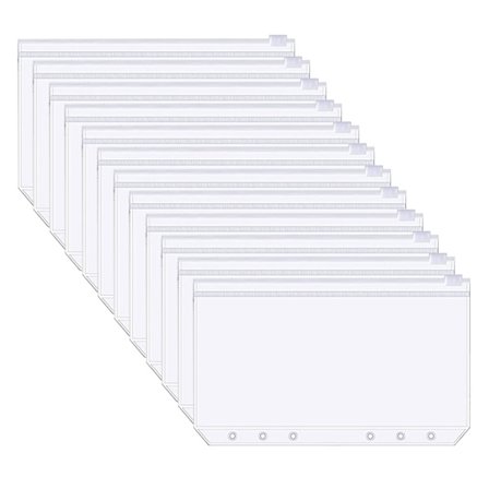 12 stk. A6 Transparent PVC 6-Huls Ringbind Lommer Lynlås Mappe Plastik Penge Budget Kuverter