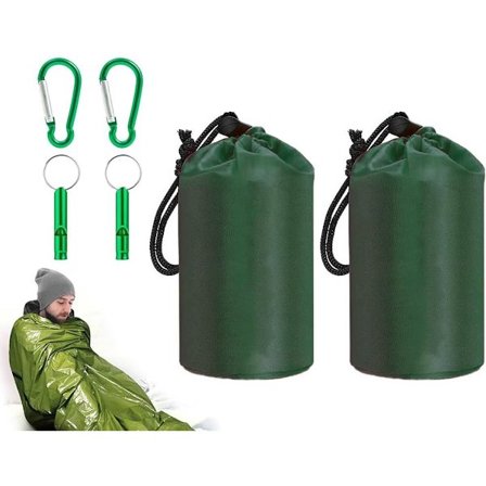 ING 2-pakkaus hätäpilli, vedenpitävä ja lämmin selviytymispeitto, 210*90cm, sisältää pillin ja karabiinin, kannettava selviytymispussi, vihreä