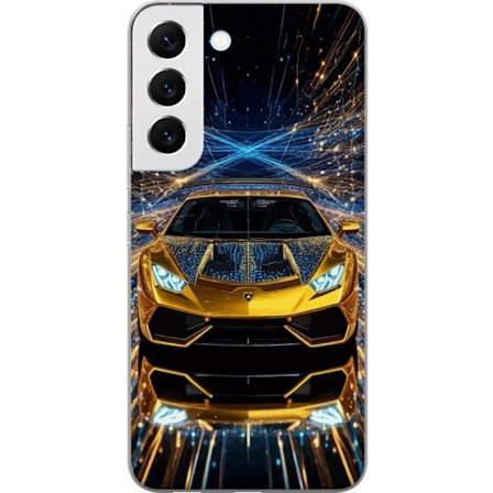 Yhteensopiva Puhelinkuori Samsung Galaxy S22 5G Kultainen urheiluautoillustraatio, futuristinen luksusauto valopolkujen kera täydellinen eksklusiivisi