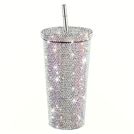 500 ml Sugerrørskop med låg Genanvendelig Rhinestone Rustfrit Stål Dobbelt Lag Termokrus Kvinder Glitter Kop Vandflaske Gave 2023(FMY)