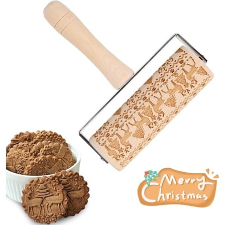 Natur Bøk Tre Preget Kjevle for Bakegaver, Fuktighetsbestandig Dekorativt Mønster Kjevle med Dypt Gravert Juletema for