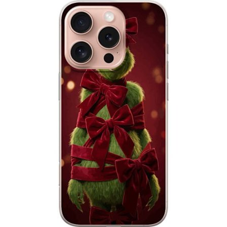 Yhteensopiva Puhelinkuori Apple Apple iPhone 16 Pro Grinchi-hahmo koristeltu punaisilla samettinauhoilla juhlavassa studiossa, leikkisällä ja humori