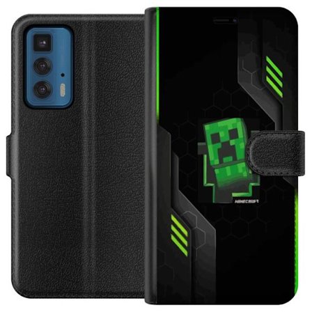 Kompatibel Tegnebogsetui til Motorola Motorola Edge 20 Pro Grøn pixelbaseret creeper-lignende spilillustration med futuristiske neon-elementer og mø