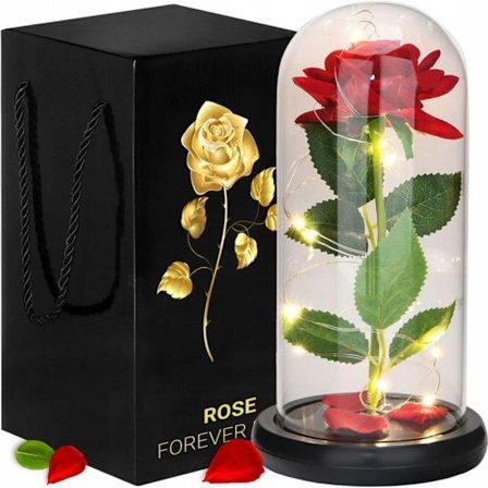 Stabiliserad blomma - evig blomma Springos evig röd ros, dekorativ med belysning
