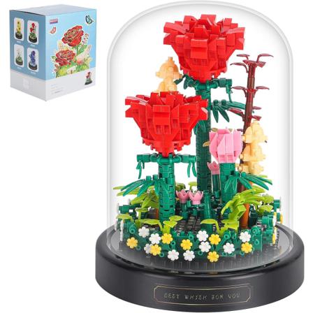 Blomsterbukett byggesett, Blomster botanisk samling, 596 stk Mini murstein Rød rose Byggesteiner med støvdeksel, Byggeklosser (Rød rose)