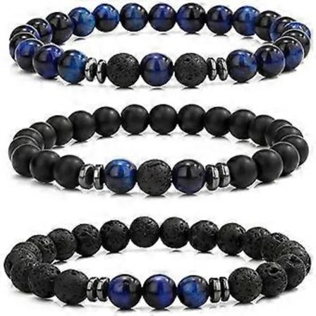 /EA/Fars dag Frostat Blå Tigeröga Vulkasten 3 Delar 8mm Pärlarmband för Män Kvinnor Natursten Armband Mala Agat Yoga Elastiska Tiger's