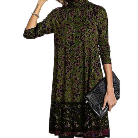 Kvinnor Vintage Turtleneck Blommigt Print Klänning Höst Elegant Lång