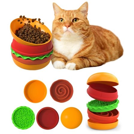 5-i-1 Multifunktionel Madskål til Kæledyr Hamburger Sæt - Tør/Våd Foder Separation Anti-Skrid Foderskål til Katte Hunde