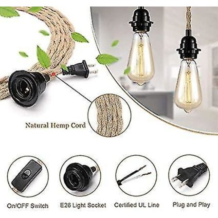 2 kpl riippuvalaisinkit-sarja, kytkinpistokkeella, hamppuköysi, 15ft, E26