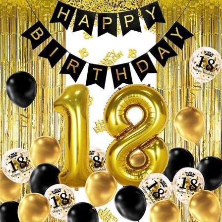 18 år Deco födelsedag svart guld, grattis på födelsedagen banderoll, helium ballong siffror 18 Xxl, frans gardin guld svart konfetti sent