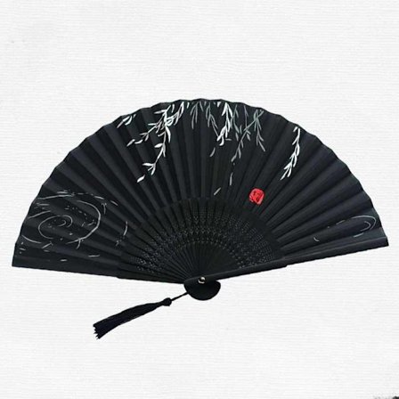Silk Fan with Tassel - Black / White Branch