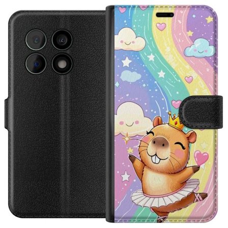 Kompatibelt Plånboksfodral till OnePlus 10 Pro Söt dansande capybara i ballerina-klänning med krona mot regnbåge moln hjärtan och stjärnor i mju