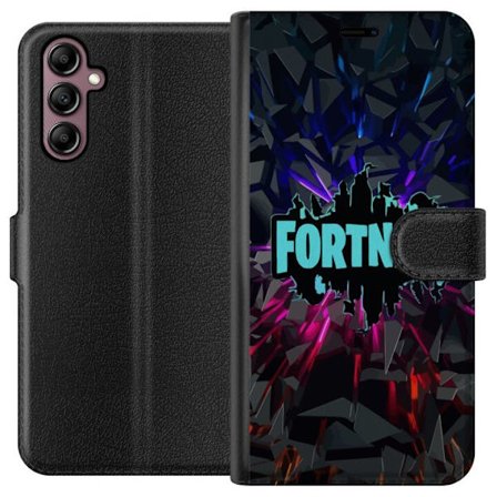 Kompatibel Tegnebogsetui til Samsung Samsung Galaxy A14 5G Fortnite logo - Sort baggrund med blå neon og farvede lys