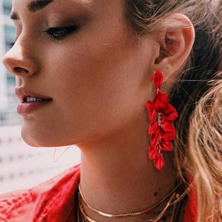 Just Follow Långa Akryl Ros Kronblad Örhängen Dangle Överdrivna Blomma Örhängen Drop Statement Floral Tassel Örhängen, Röd